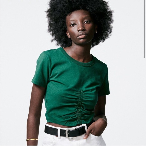 ZARA T-SHIRT WITH RUCHING GREEN - Picture 3 of 4